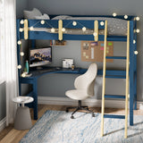 Bunk bed with desk placed in the corner of a modern room with a convininet desk underneath.