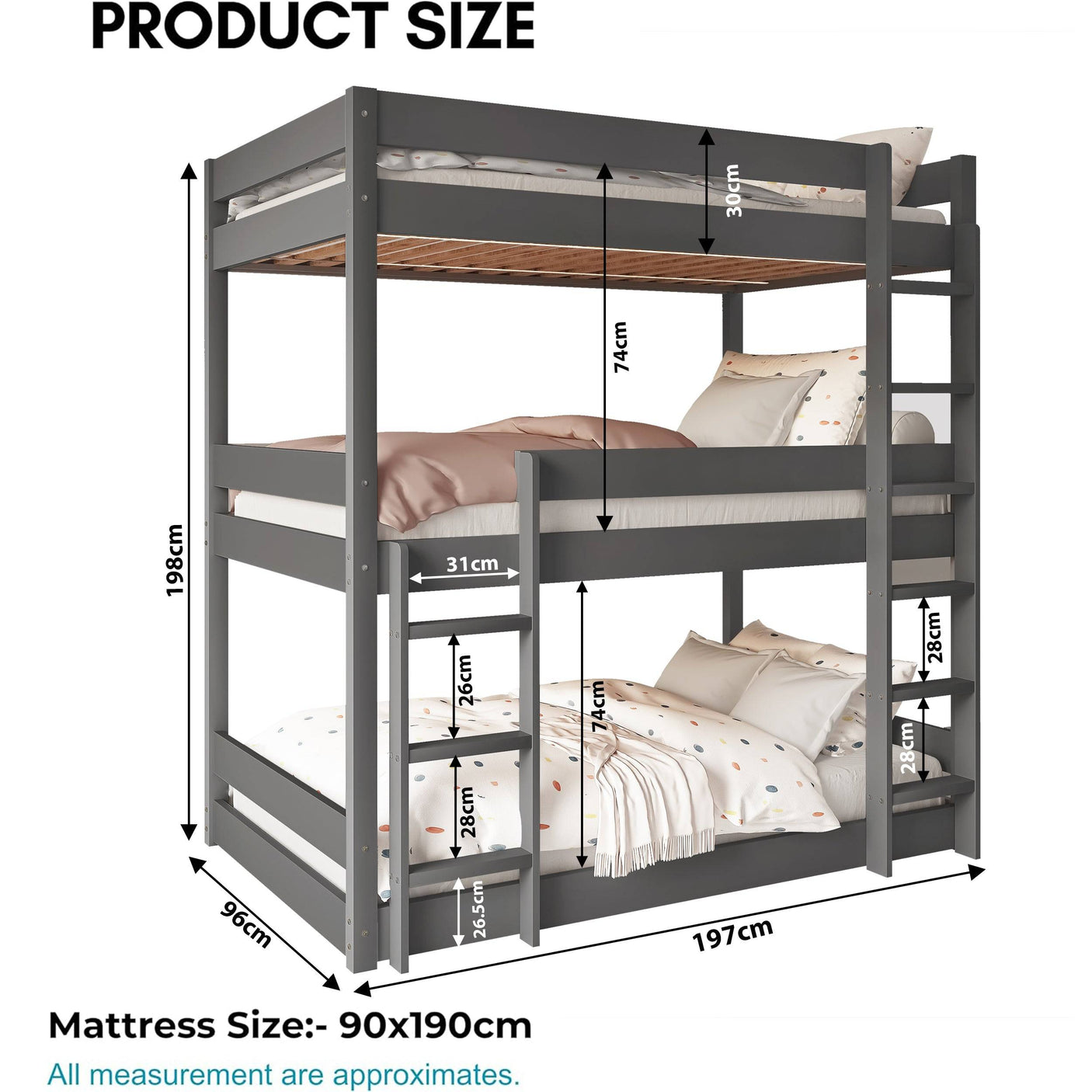 Product dimensions for dark grey triple bunk bed, including mattress size and ladder spacing for kids' room planning.