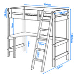 Line drawing of a bunk bed dimensions, showing measurements 200 cm length, 97 cm width,180.5 cm height, and a 64 cm high desk