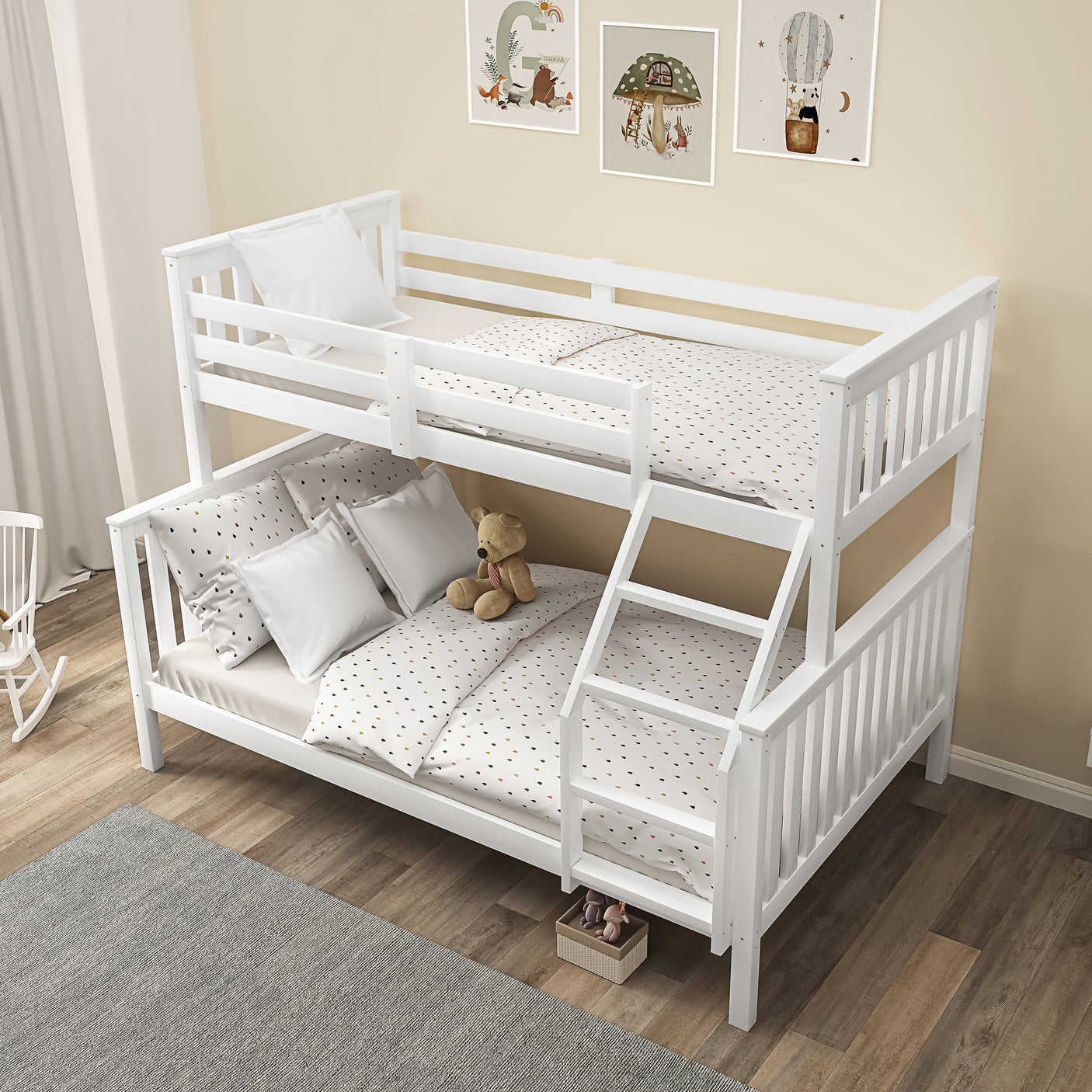 Top-down view of white double and single bunk bed for kids, highlighting compact design and wooden slats for mattress support.