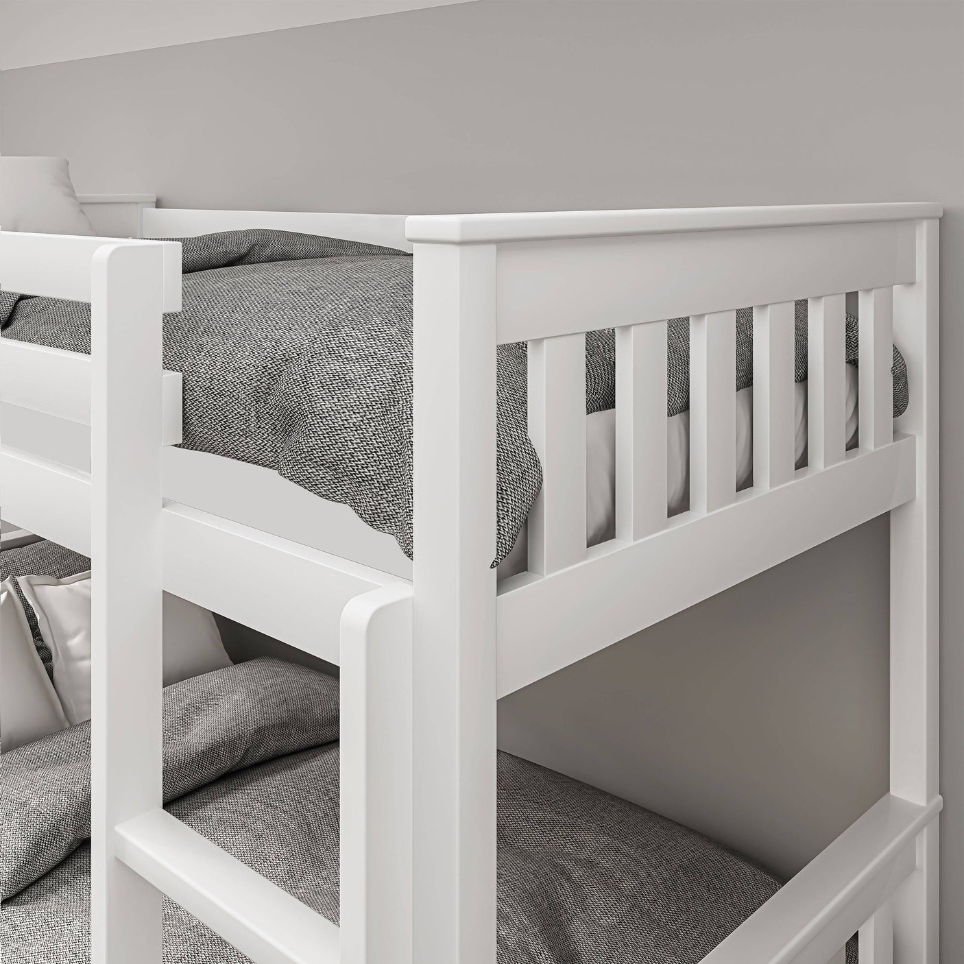 Detailed corner view of white bunk bed upper rail and post, showcasing solid wood craftsmanship and safety design.