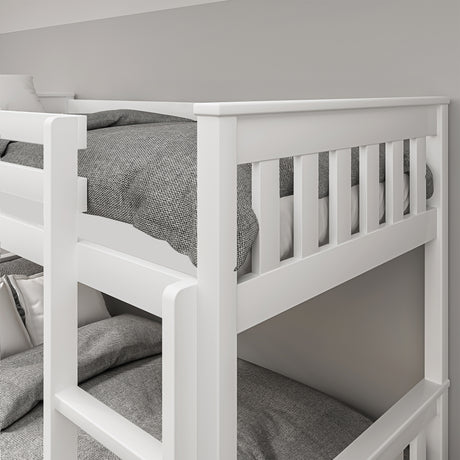 Bunk bed with 2 double beds, cushions, and quilt, perfect for shared spaces and comfort.
