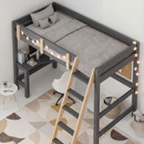 [Dark Grey + Pine] Top down view dark grey bunk bed with desk showing made bed pillows and desk workspace below
