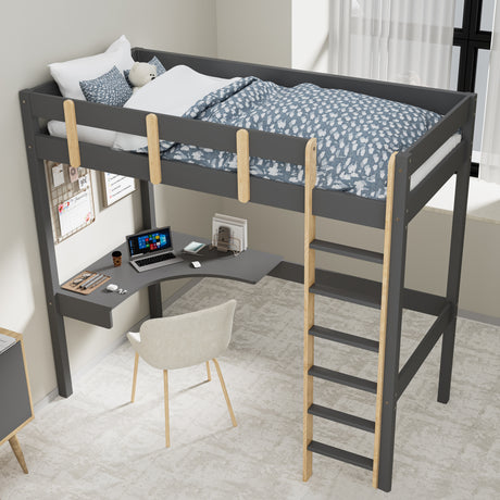 Bunk bed with desk for kids, ladder, study desk, and chair, perfect for children's rooms.