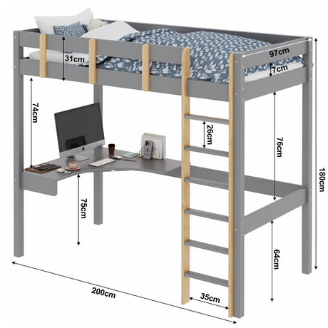 Full-size bunk bed with desk, dimensions 200cm x 97cm x 180cm, offering space-saving storage.