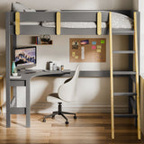 Front view of modern bunk bed with a built-in desk underneath, placed against a wall
