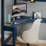 Bunk bed with desk setup, showing a bunk bed with a curved blue desk underneath, complete with a chair, computer.