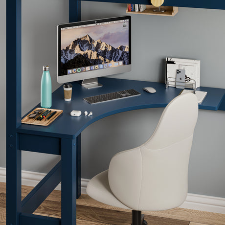 Bunk bed with desk setup, showing a bunk bed with a curved blue desk underneath, complete with a chair, computer.