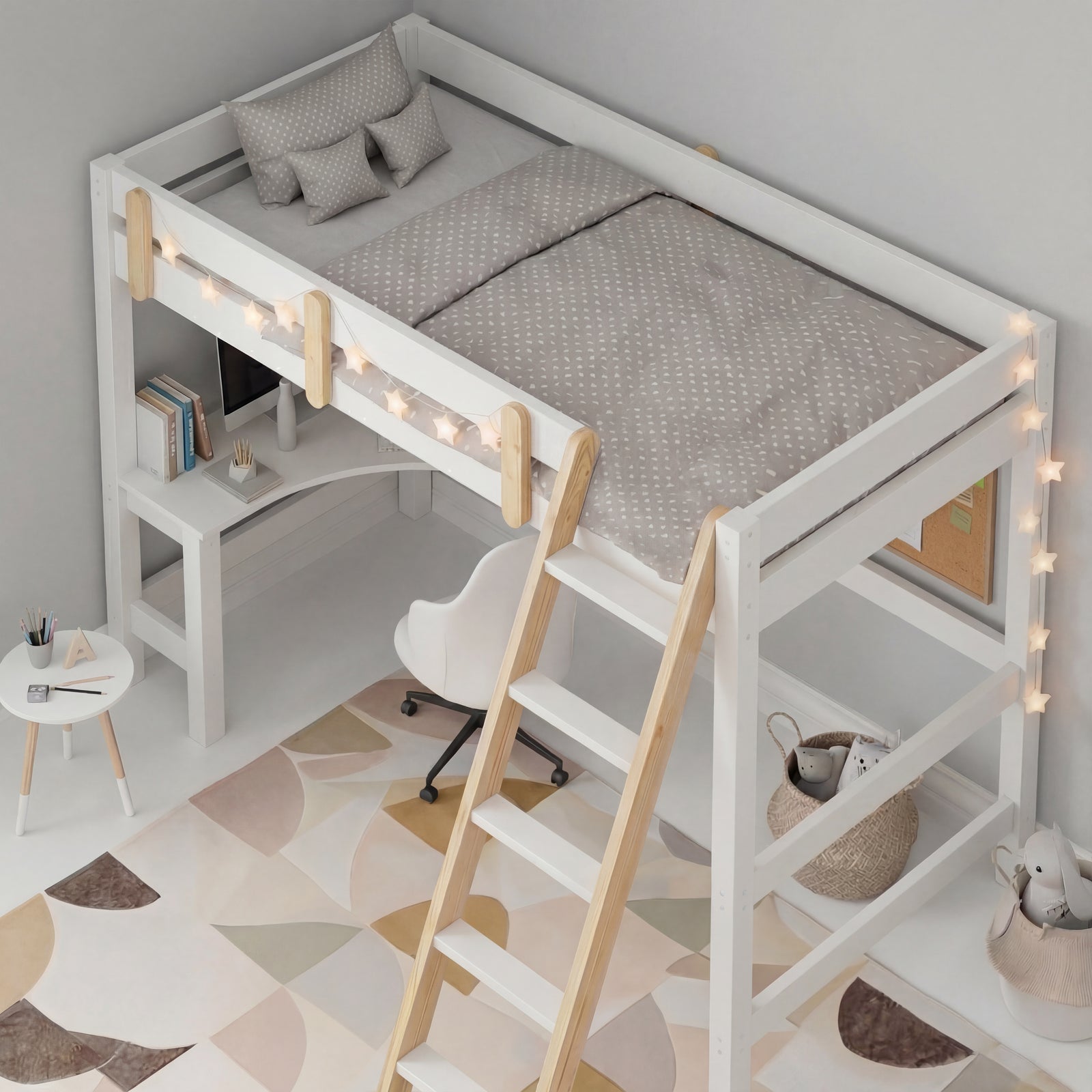 [White + Pine] Overhead angle bunk bed with desk pine ladder rail accents fairy lights and desk and chair beneath