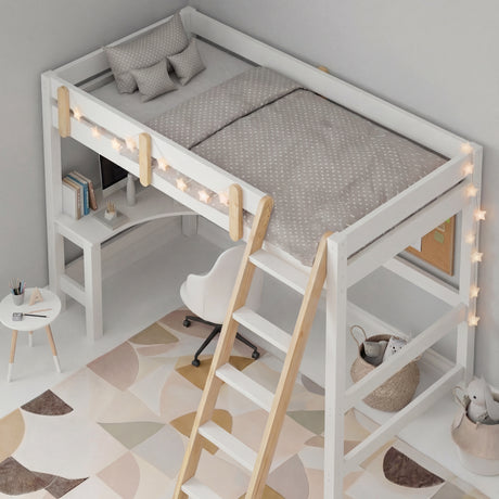 [White + Pine] Overhead angle bunk bed with desk pine ladder rail accents fairy lights and desk and chair beneath