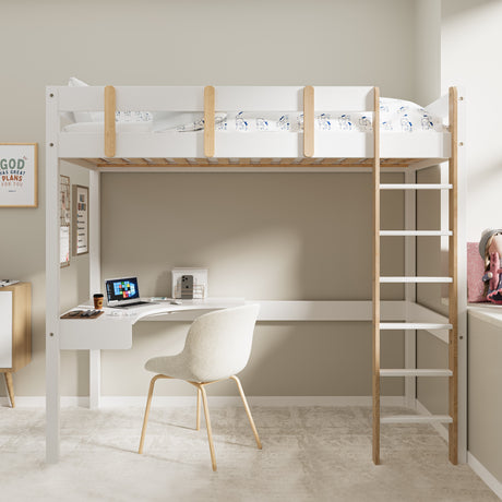 White loft bunk bed with a desk and chair underneath, wooden ladder, and a cozy design.