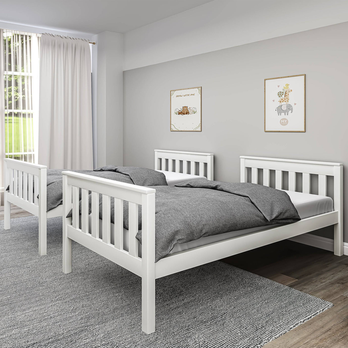 White detachable bunk bed shown as two separate single beds with grey bedding, offering flexible sleeping arrangements for kids.