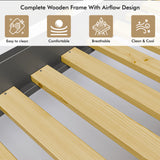 Close-up of bunk bed with slats with icons highlighting easy to clean, breathability, and comfort features