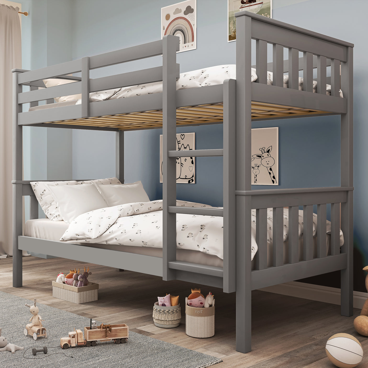 Grey detachable double bunk bed for kids with white and blue bedding, perfect for modern children's rooms. Converts into two beds.