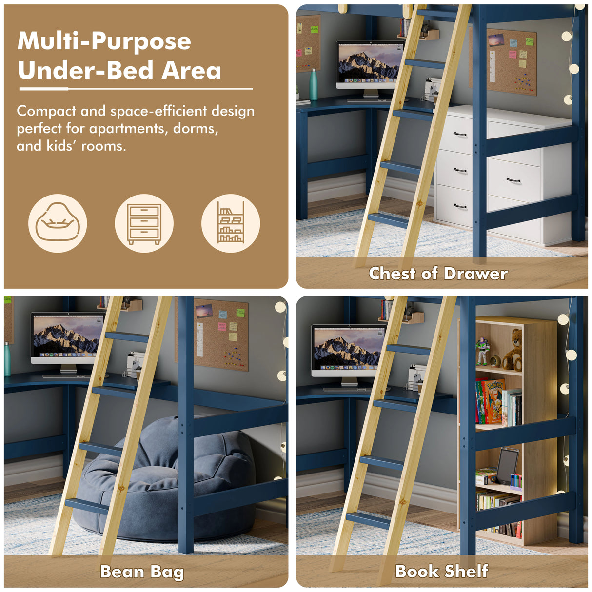 Bunk bed with storage featuring options for under bed storage like a chest of drawers bean bag or bookshelf