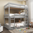 Grey triple bunk bed for kids with playful bedding and toys, ideal for shared bedrooms and space-saving setups.