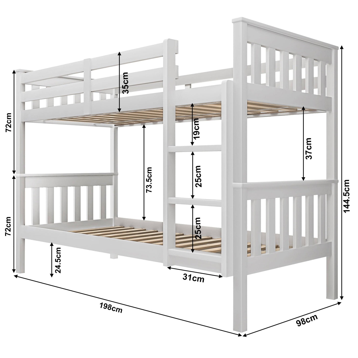 White kids' bunk bed with detailed dimensions including height, width, and ladder spacing. Ideal for fitting in compact spaces.