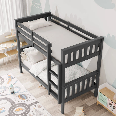 Top view of dark grey double bunk beds UK, showing the guardrails of the top bunk with bedding and ladder access