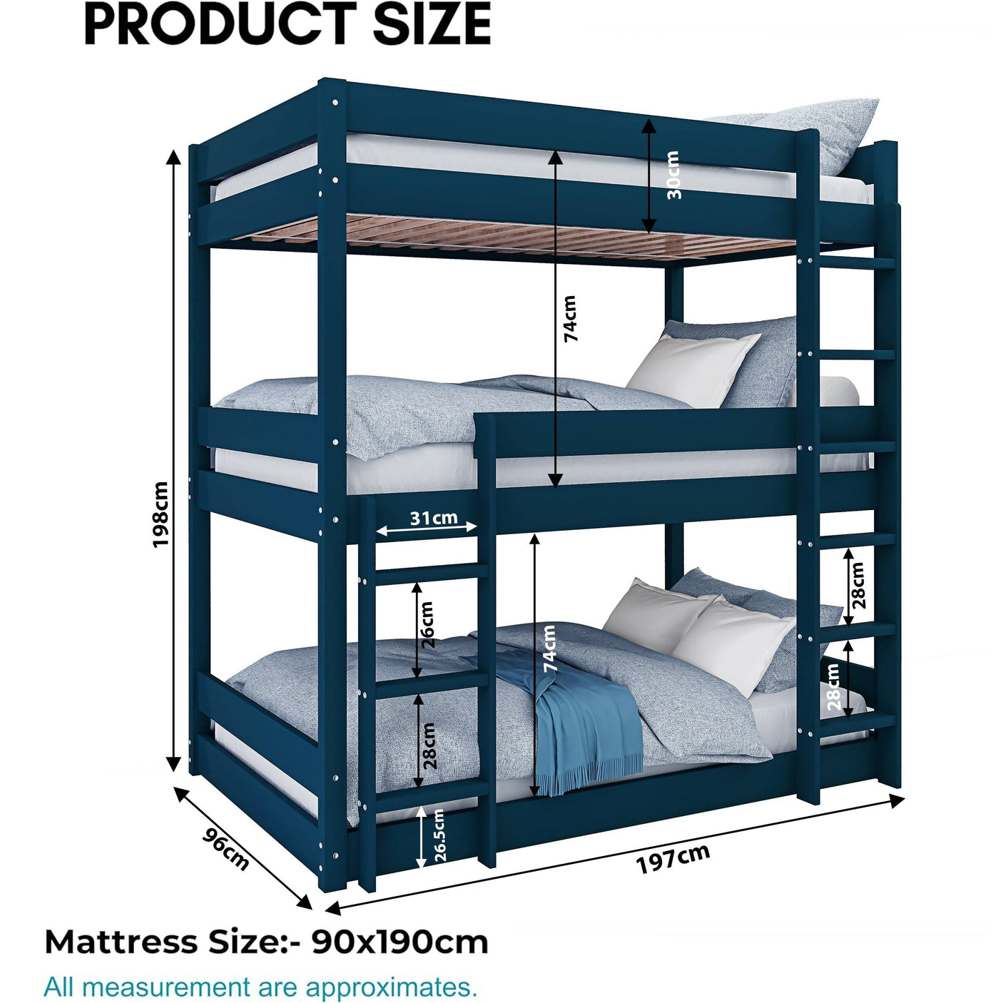 Product dimensions for blue triple bunk bed, showing height, width, and mattress size for kids' room setup.