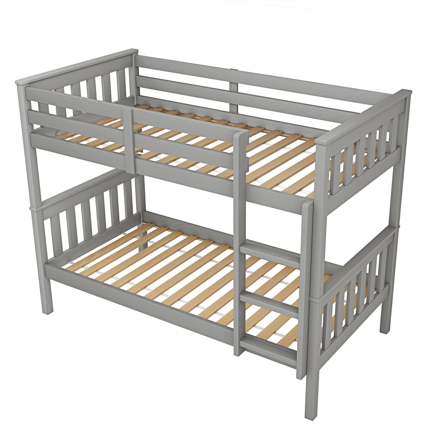 Grey wooden bunk bed frame without mattresses, showing slatted base and detachable structure for children's bedrooms.