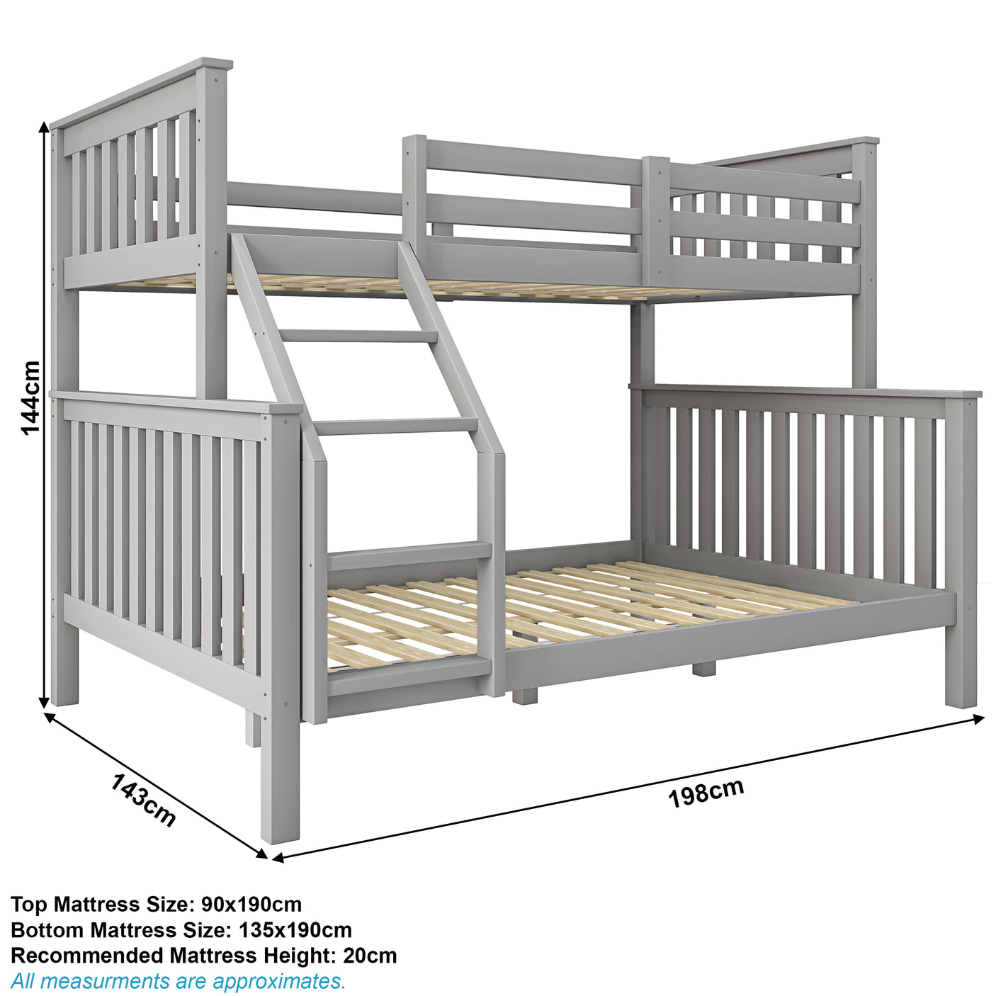 Grey triple bunk bed dimensions with labeled mattress sizes, ideal for maximizing space in children's bedrooms.