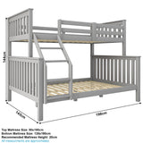 Grey triple bunk bed dimensions with labeled mattress sizes, ideal for maximizing space in children's bedrooms.