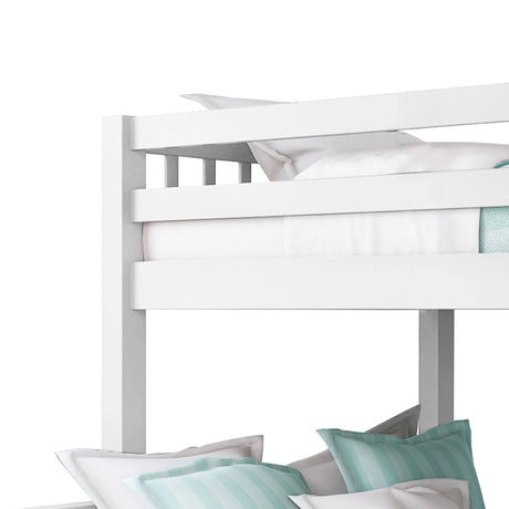 White bunk bed frame, designed for durability and space-saving with a sleek, modern finish."