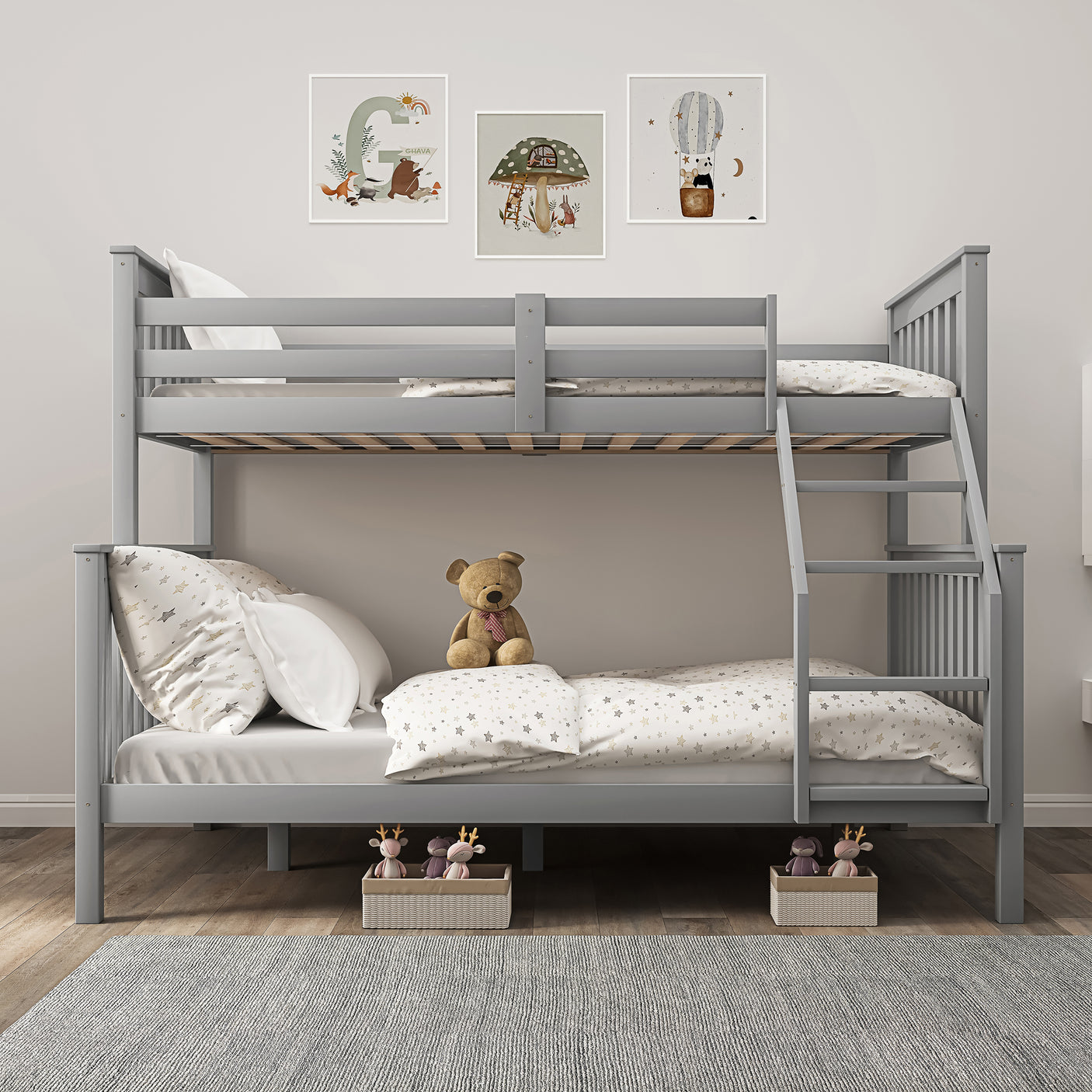 Front view of grey triple bunk bed for kids with plush teddy bear, showcasing sturdy design and space-saving layout.