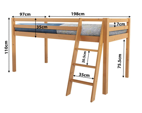 Pine bunk beds with dimensions, featuring a sturdy design perfect for maximizing bedroom space.