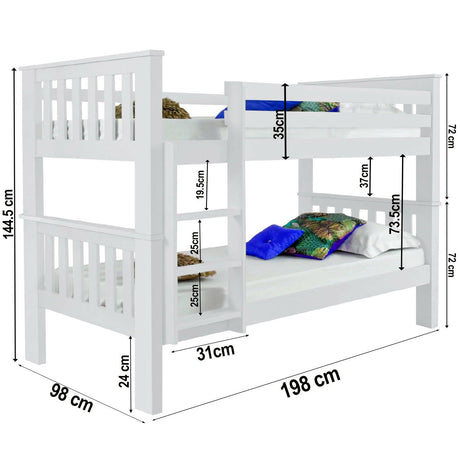 Bunk beds on sale with dimensions included, offering affordable sleeping solution.