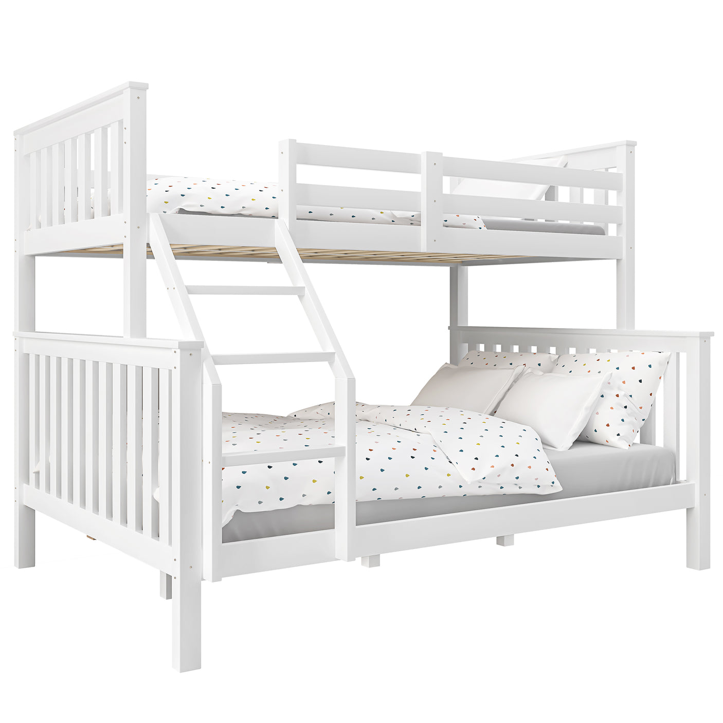 White triple sleeper bunk bed with double bottom and single top, ideal for kids' rooms with limited space and modern decor.