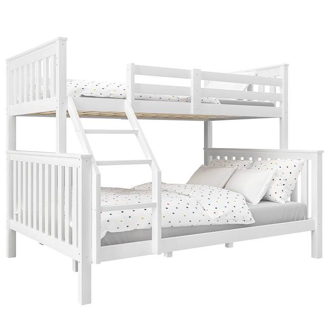 White triple sleeper bunk bed with double bottom and single top, ideal for kids' rooms with limited space and modern decor.