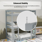 Grey triple sleeper bunk bed with close-up inset on anti-tip brackets and pine frame details