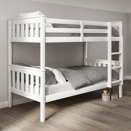 White bunk beds with storage for small rooms, offering space-saving and practical design.
