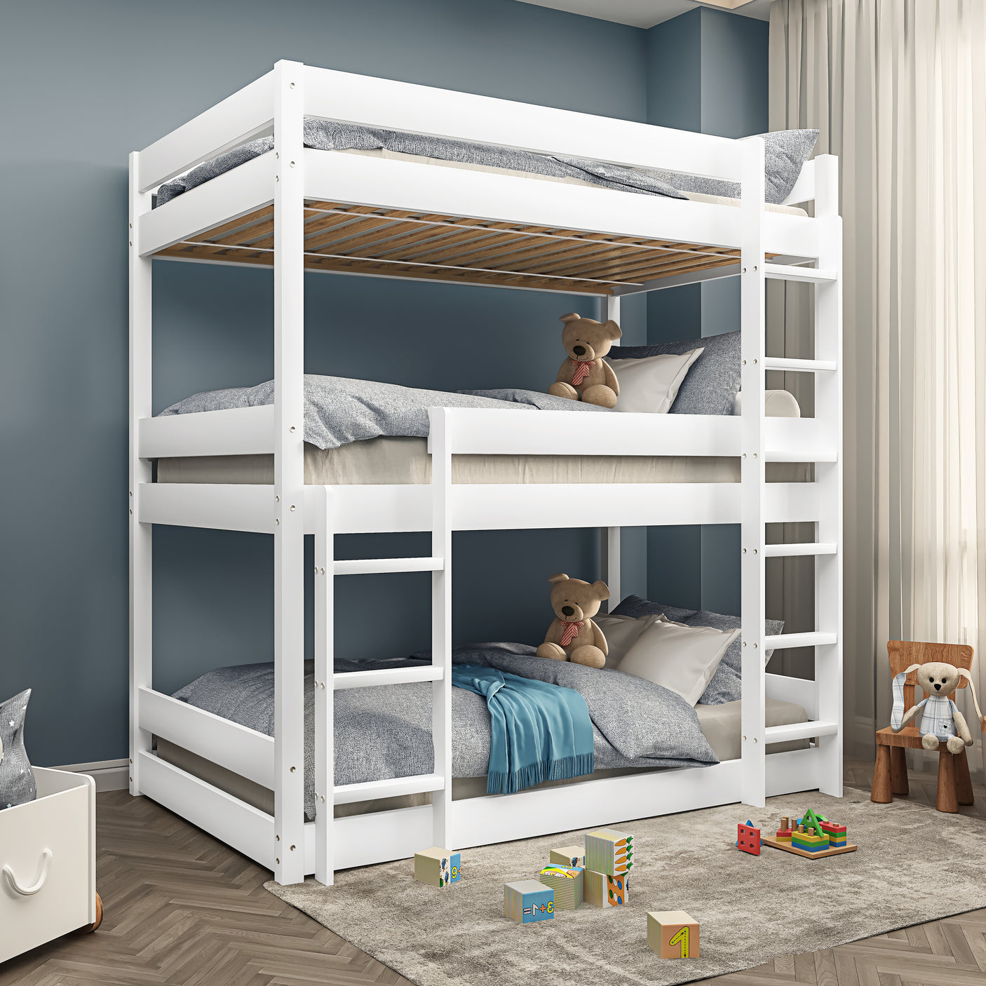 White triple bunk bed for kids in modern bedroom with toys and teddy bears, ideal for small spaces and shared rooms.