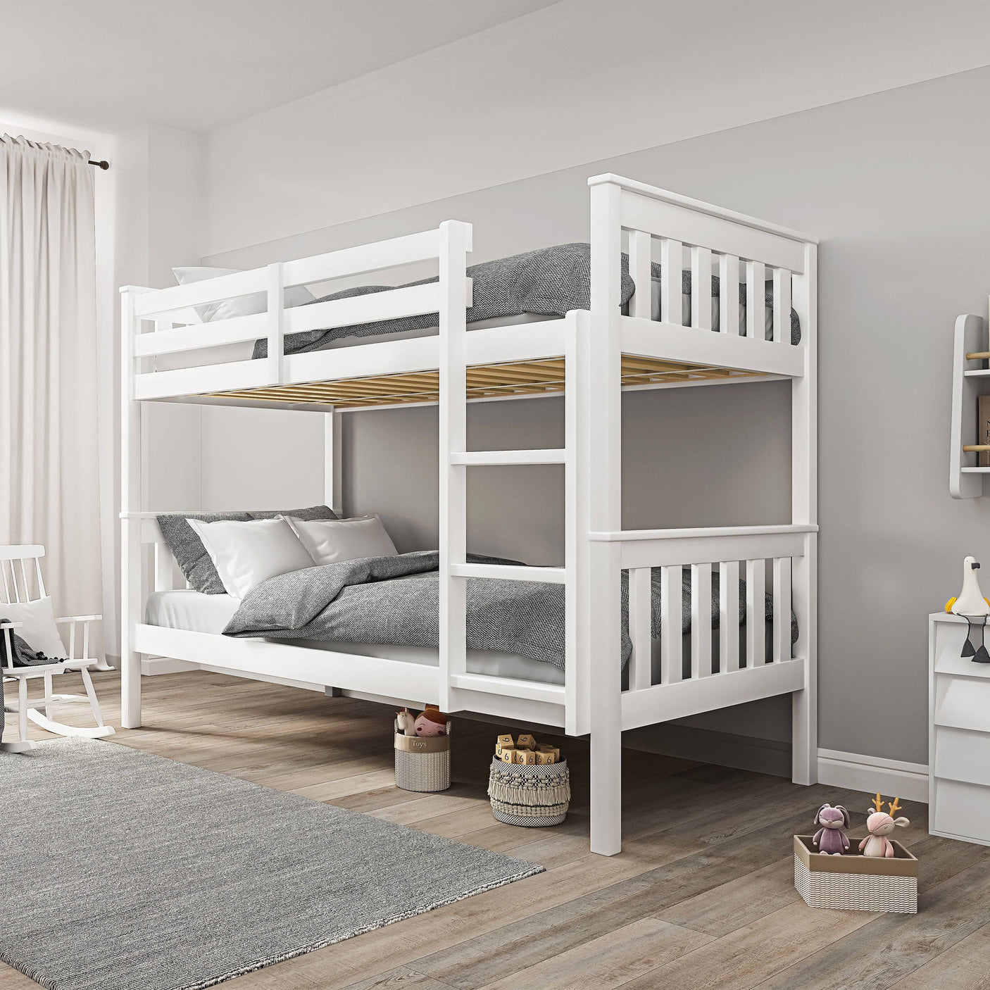 Modern white double bunk bed frame for kids with grey bedding, space-saving design perfect for small rooms. Easily splits into two beds.