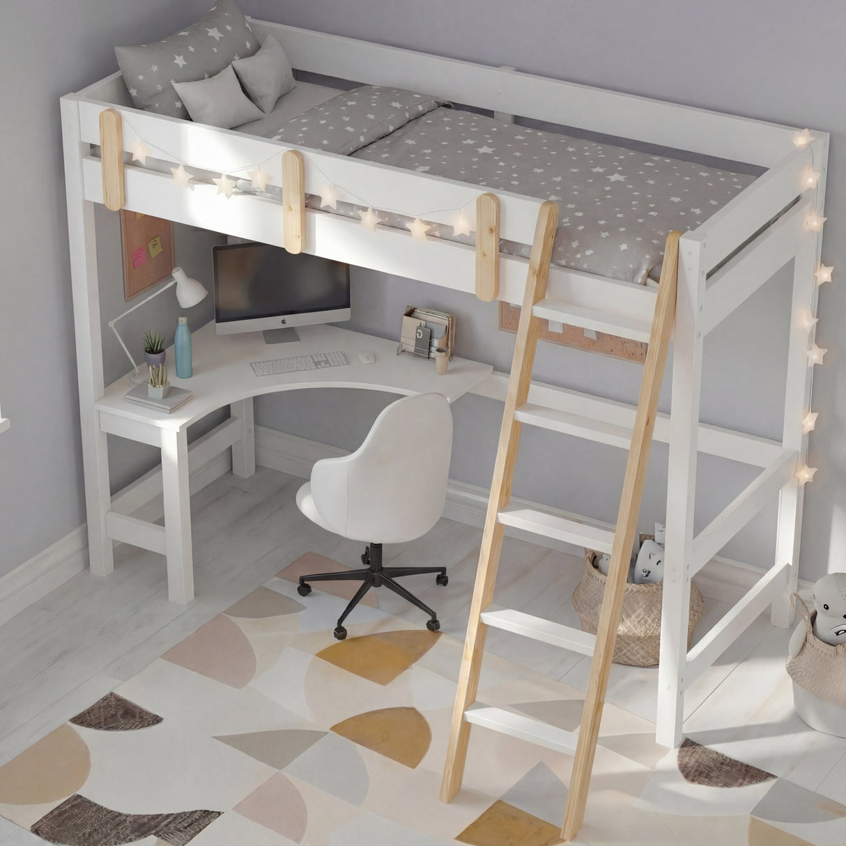Bunk bed with desk - high sleeper loft bed frame for kids in white wood with ladder, safety rails, and under-bed study area with chair and shelves.