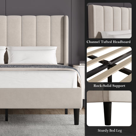 Vertical Line Velvet Upholstered Bed Frame in beige with channel tufted headboard, wooden slats, and sturdy black legs. Available in double and king sizes.