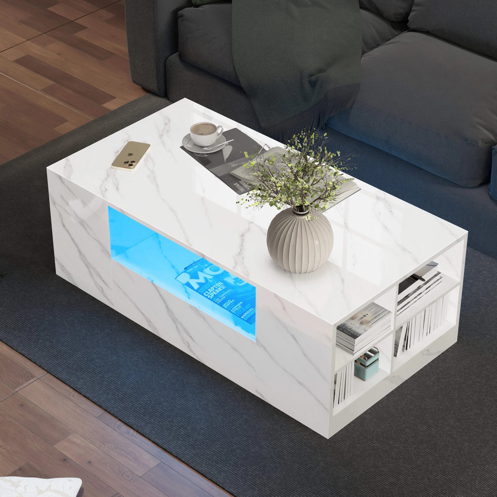 [White Marble] White Marble High Gloss Coffee Table with LED Lights with vase of green stems on top, blue LED on