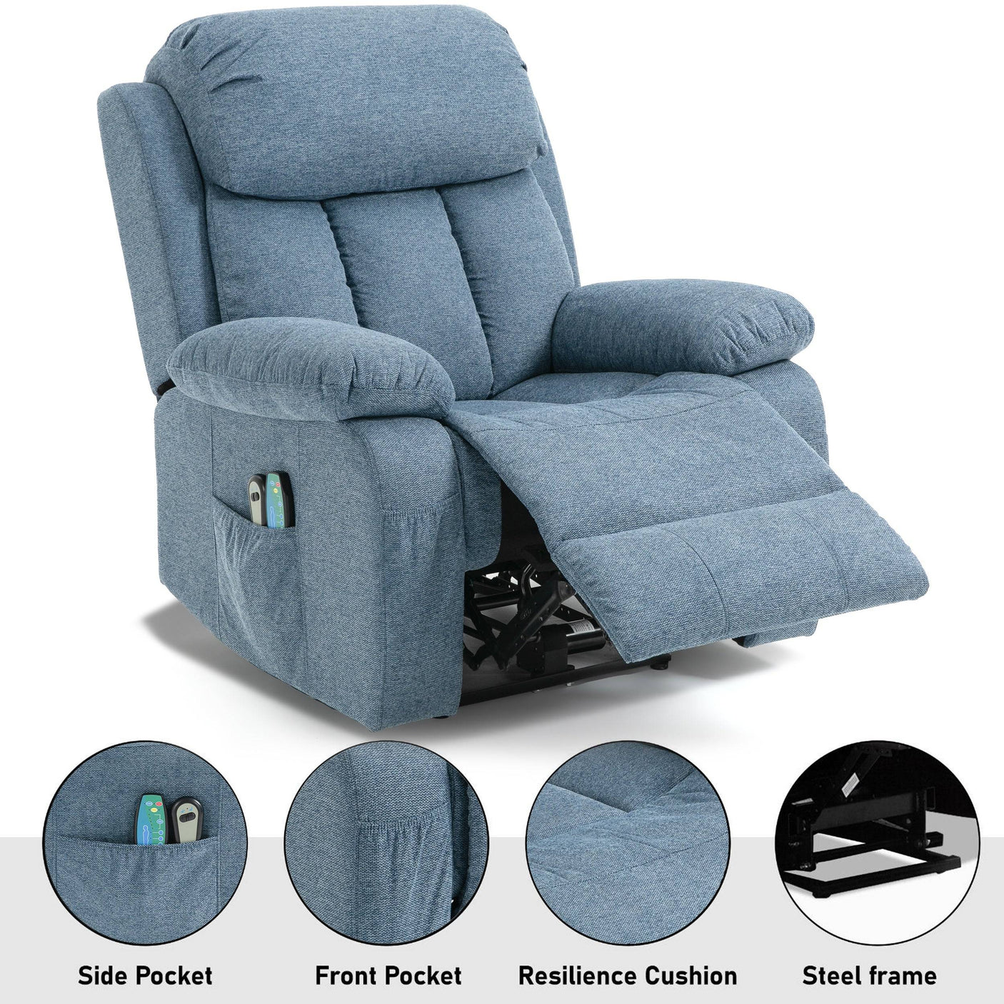 Blue recliner chair with side and front storage pockets, resilience cushion, and steel frame. Designed for comfort and durability.