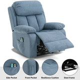 Blue recliner chair with side and front storage pockets, resilience cushion, and steel frame. Designed for comfort and durability.