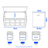 Storage Chest - Shaker Style Blanket or Toy Box With Lid & Safety Hinges shown with open lid, internal compartments, and size dimensions of 76cm width, 48cm height, and 40cm depth.