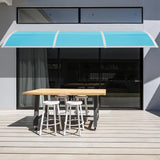 Blue cafe door canopy with large side for extended outdoor coverage.