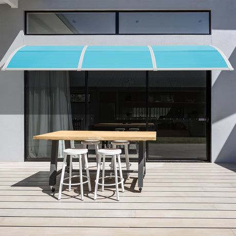 Blue cafe door canopy with large side for extended outdoor coverage.