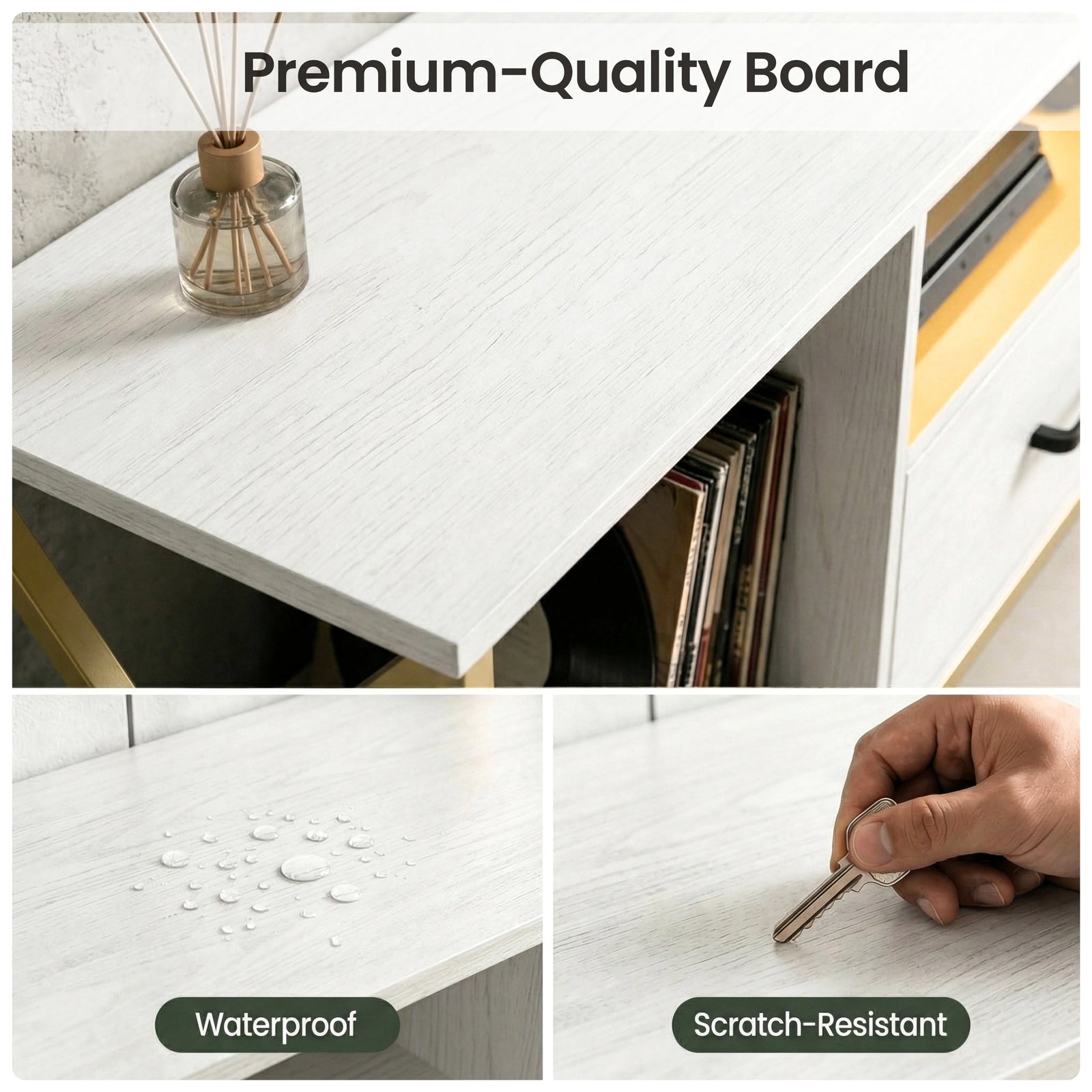 [White] Calvera white TV unit tabletop close-up with reed diffuser, water beads and scratch-test inset panels shown