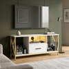 [White] Calvera 112cm white TV unit against a dark green wall, wall-mounted TV above, amber LED in centre shelf