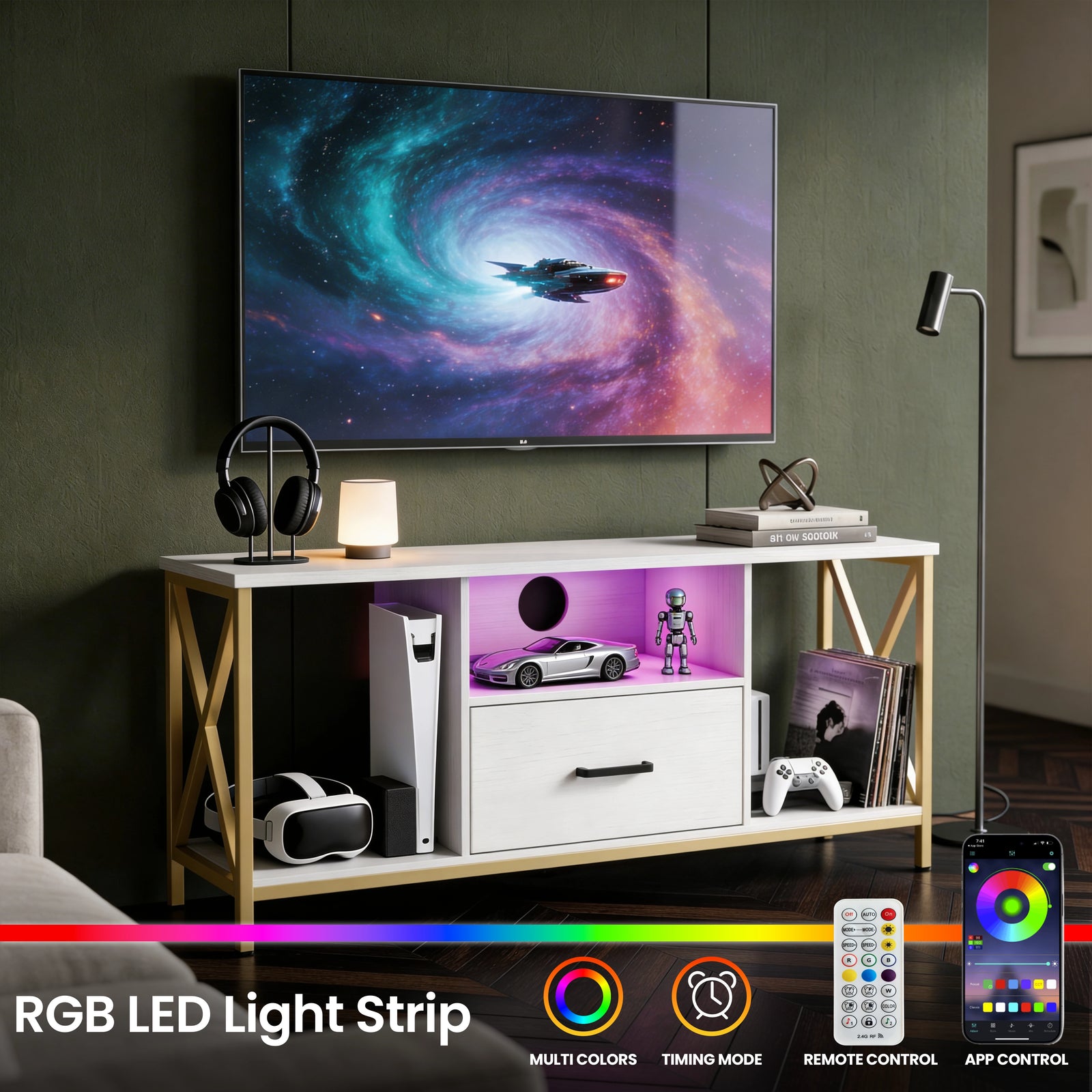 [White] Gaming-room shot of Calvera white TV unit, RGB LED in centre, PS5 and VR headset stored, remote and app inset