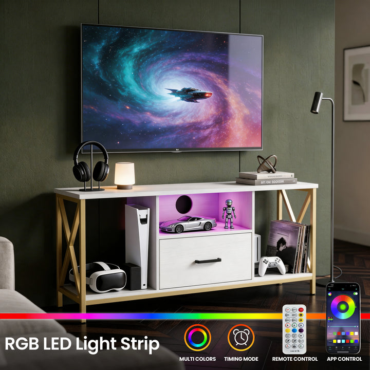 [White] Gaming-room shot of Calvera white TV unit, RGB LED in centre, PS5 and VR headset stored, remote and app inset
