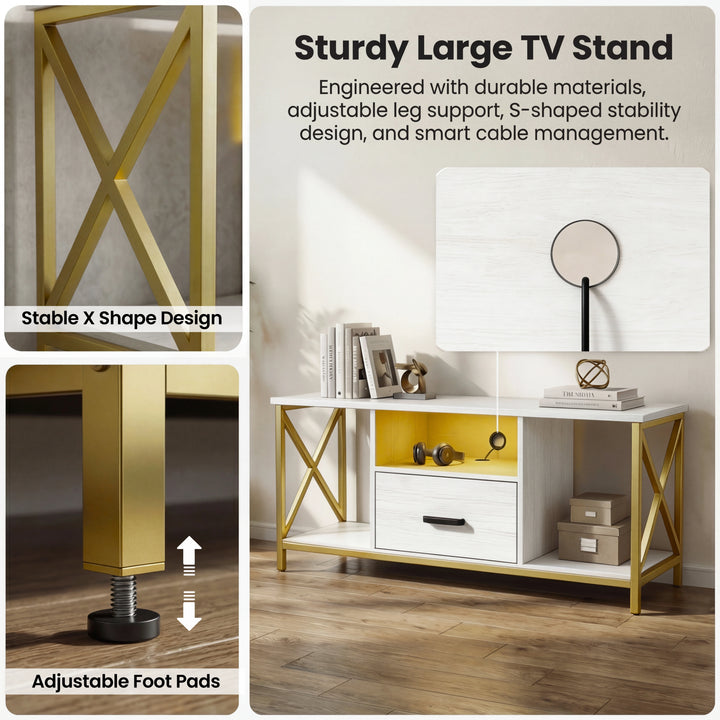 [White] Sturdy Large TV Stand infographic of Calvera white unit showing X-frame, foot pad and lifestyle shelf view