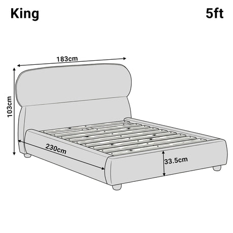 Measurement diagram of a king size upholstered bed frame with length 230 cm, width 183 cm, and height 103 cm